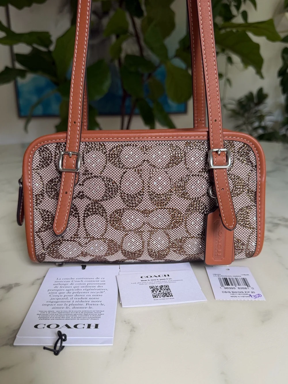NWOT Coach Swing Zip Bag 20 In Crystal Signature Jacquard CBH53 Burnished Amber